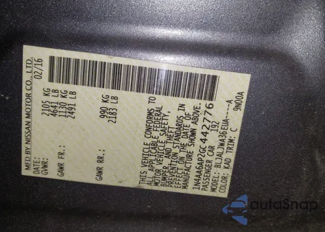 2016 Nissan Maxima 3.5 Sv from USA, damaged, VIN 1N4AA6AP2GC442776